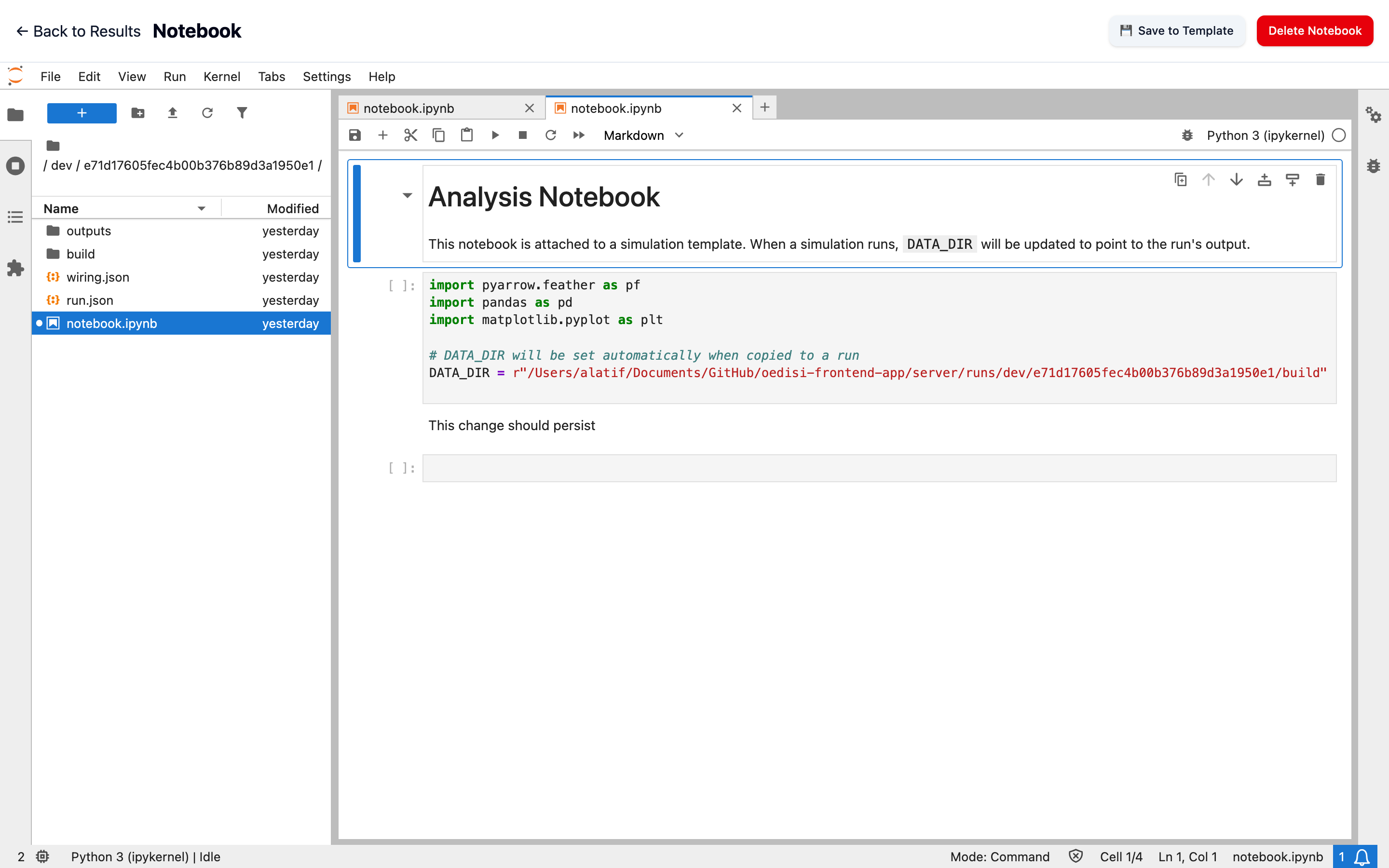 An embedded JupyterLab notebook titled Analysis Notebook, with a cell setting DATA_DIR to the run's build directory.