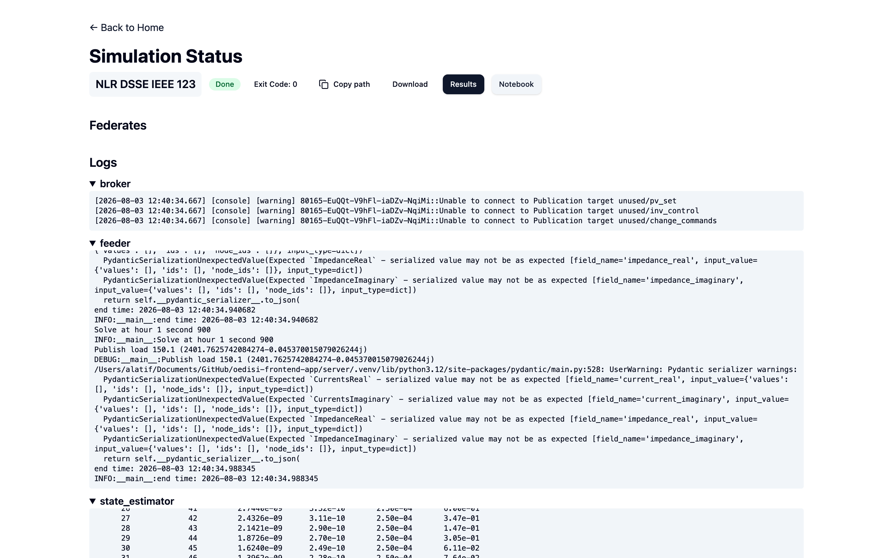 The run detail page for the NLR DSSE IEEE 123 run, showing a Done status, exit code 0, and collapsible per-federate logs.