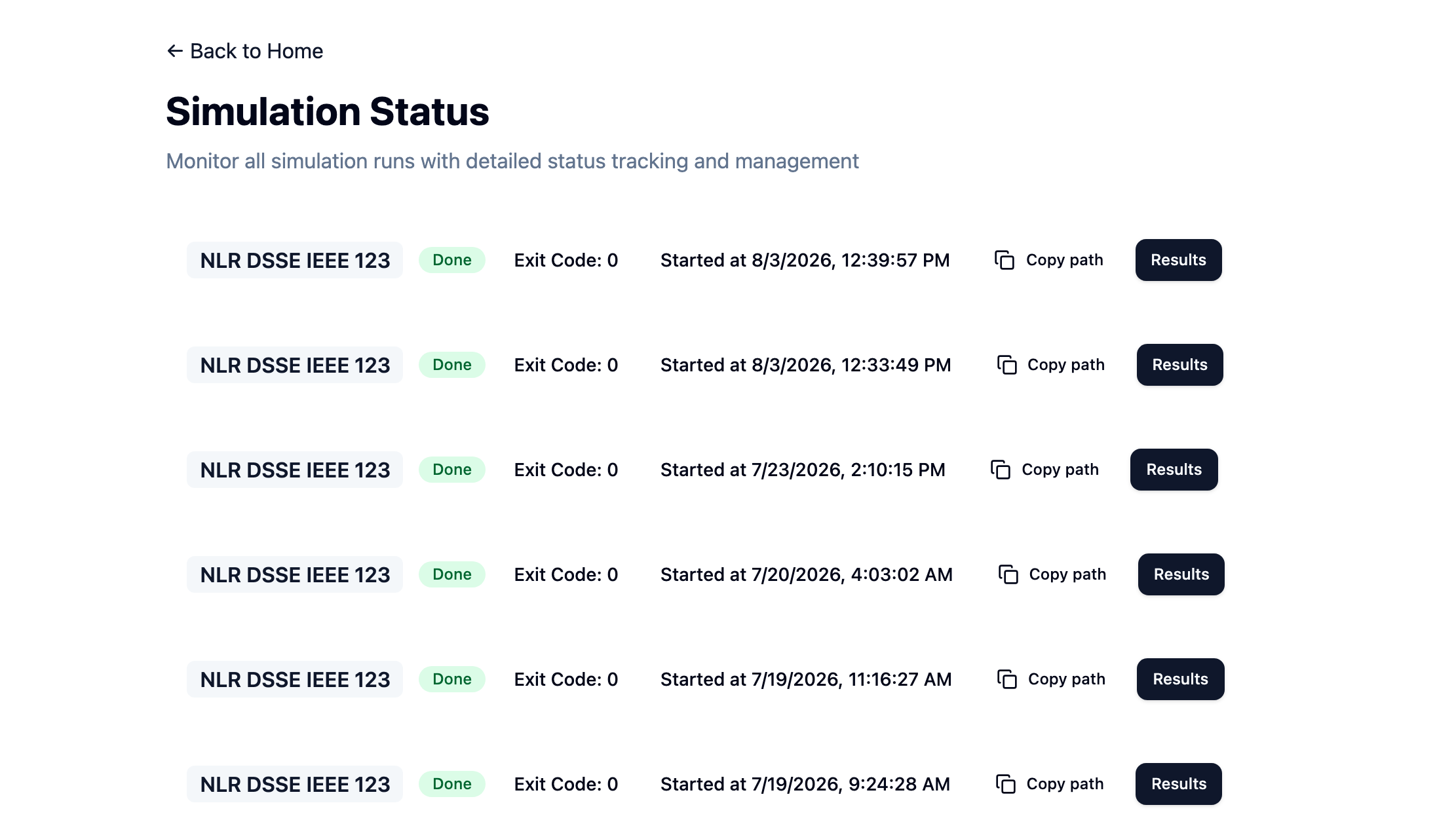 The runs list showing simulation runs with status badges.